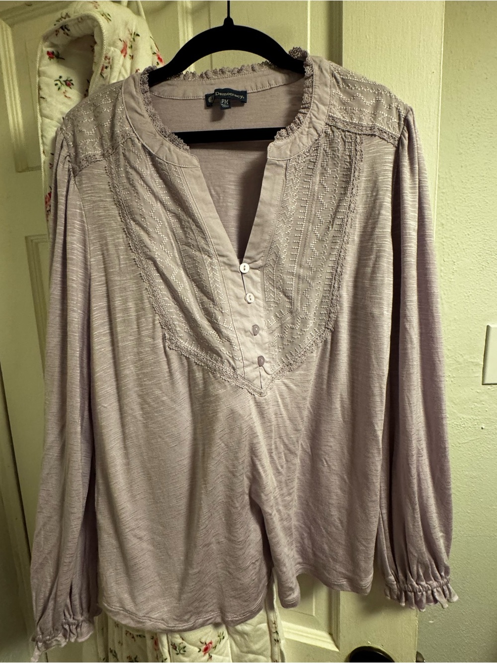 Democracy Light Lavender Long-Sleeve Embroidered Peasant Top